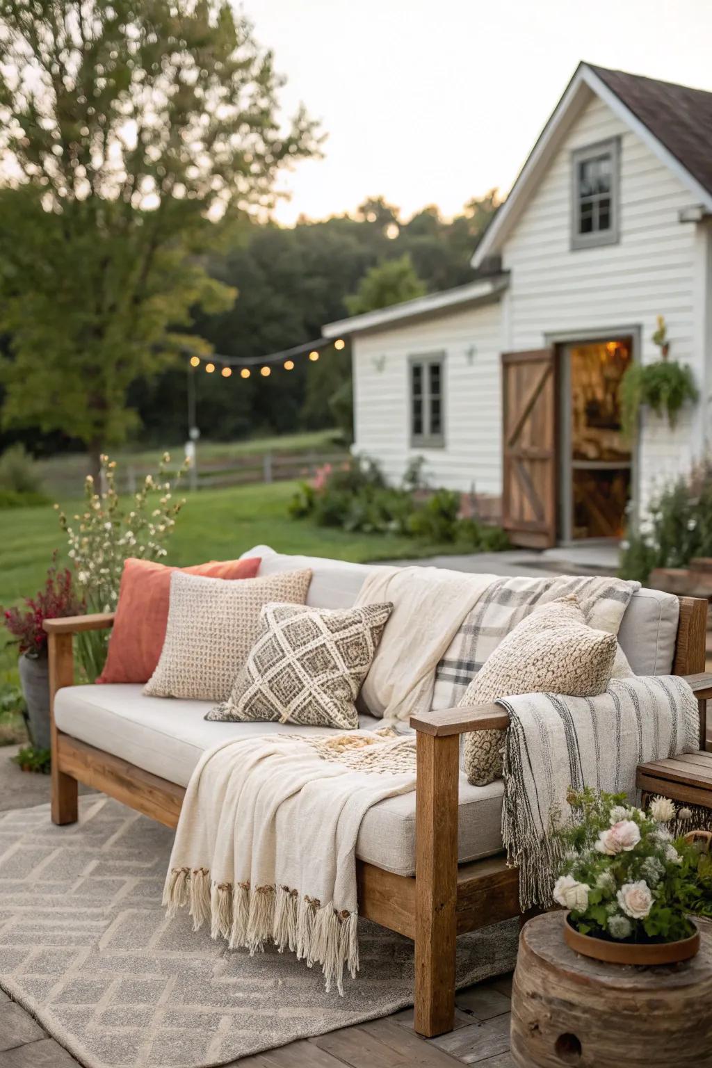 Comfortable fabrics add an additional layer of coziness to a farmhouse patio.