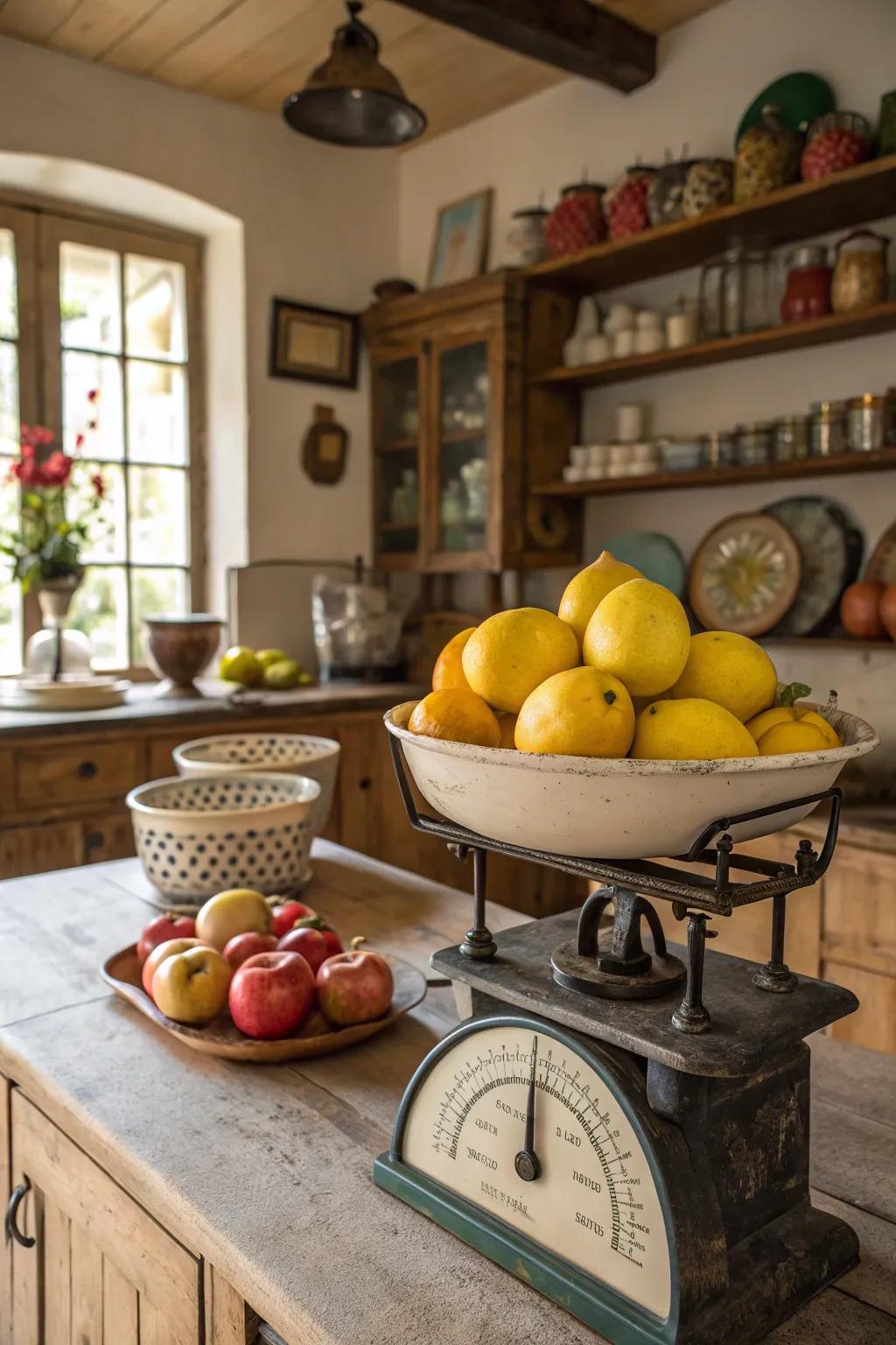 Seasonal fruit display on a country-style weighing machine.