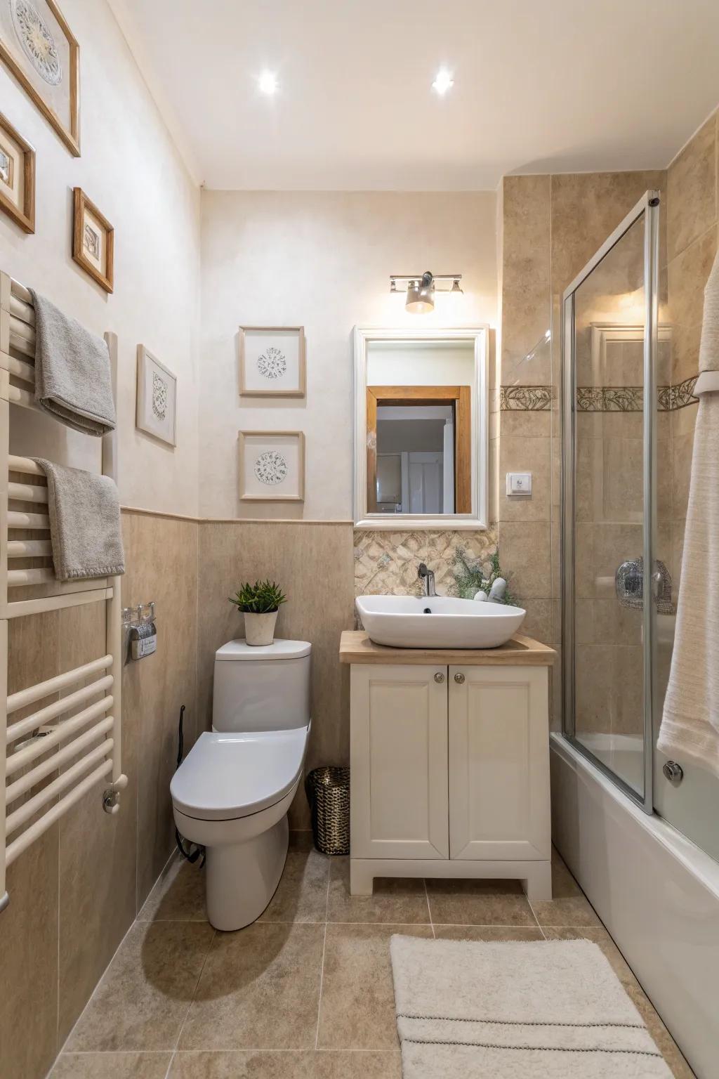 Gentle colors create a peaceful and spacious atmosphere in this small farmhouse bathroom.