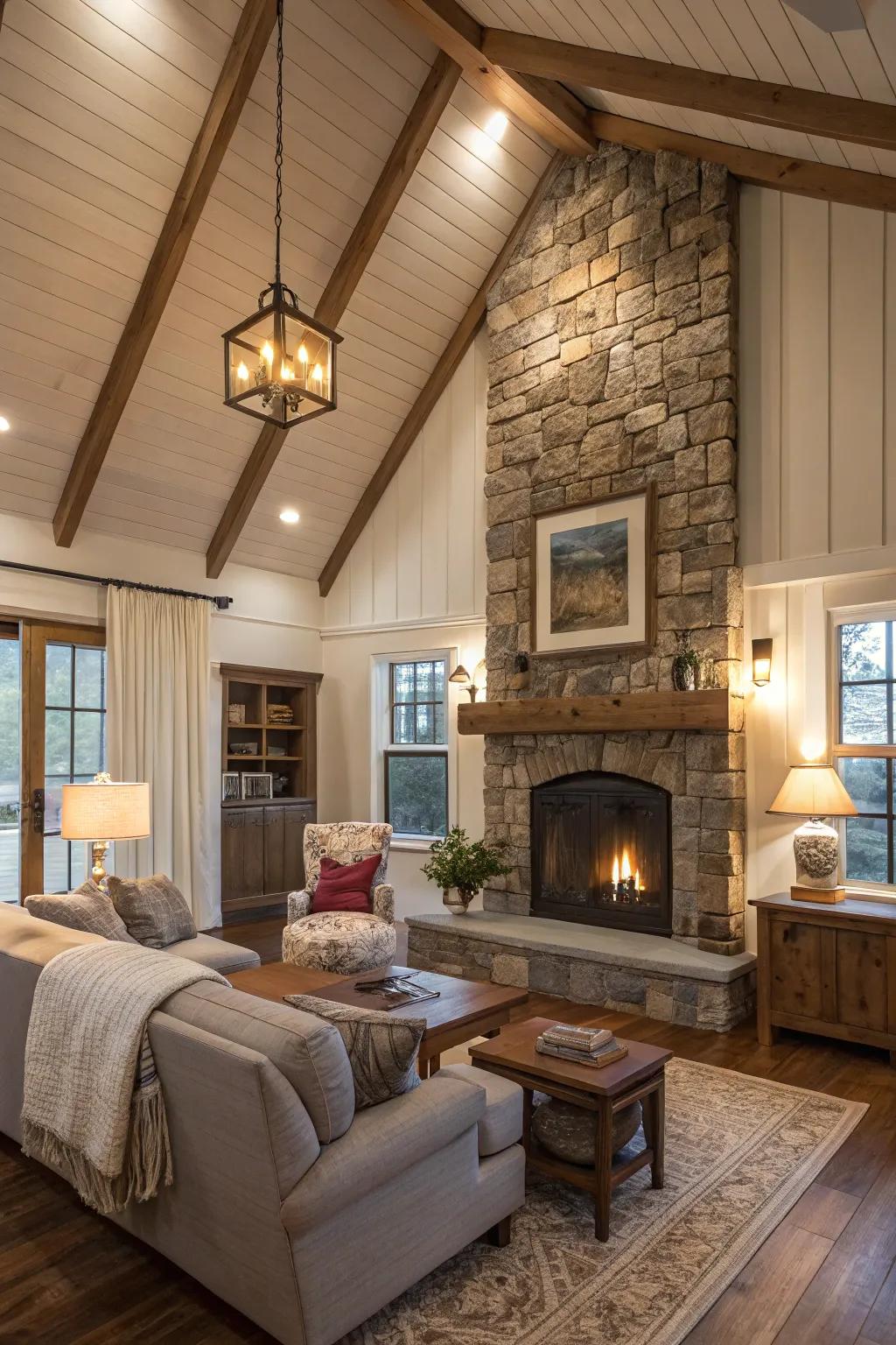 A shiplap chimney serving as a focal point in a farmhouse living space.