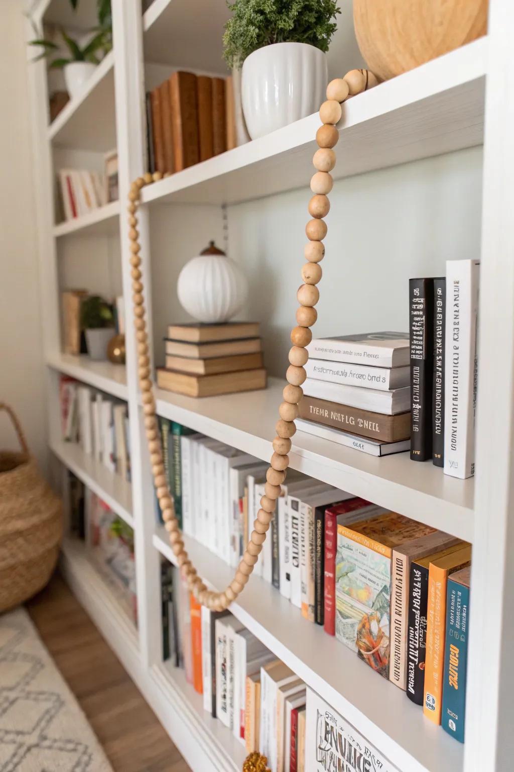 Beaded strand elegantly displayed on a welcoming bookshelf.