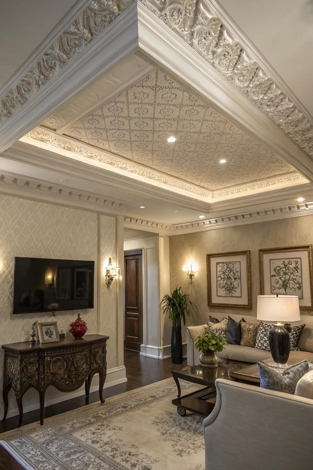 Layered simulated crown molding introduces visual interest and nuance.