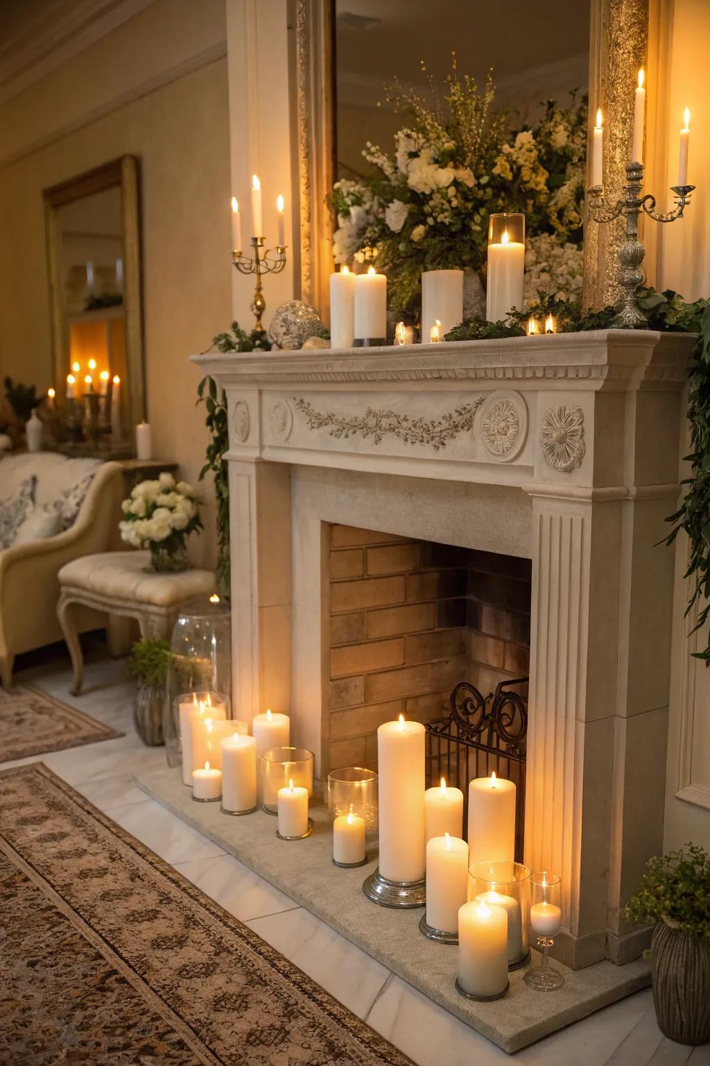 A show fireplace brightly lit by pillar candles.