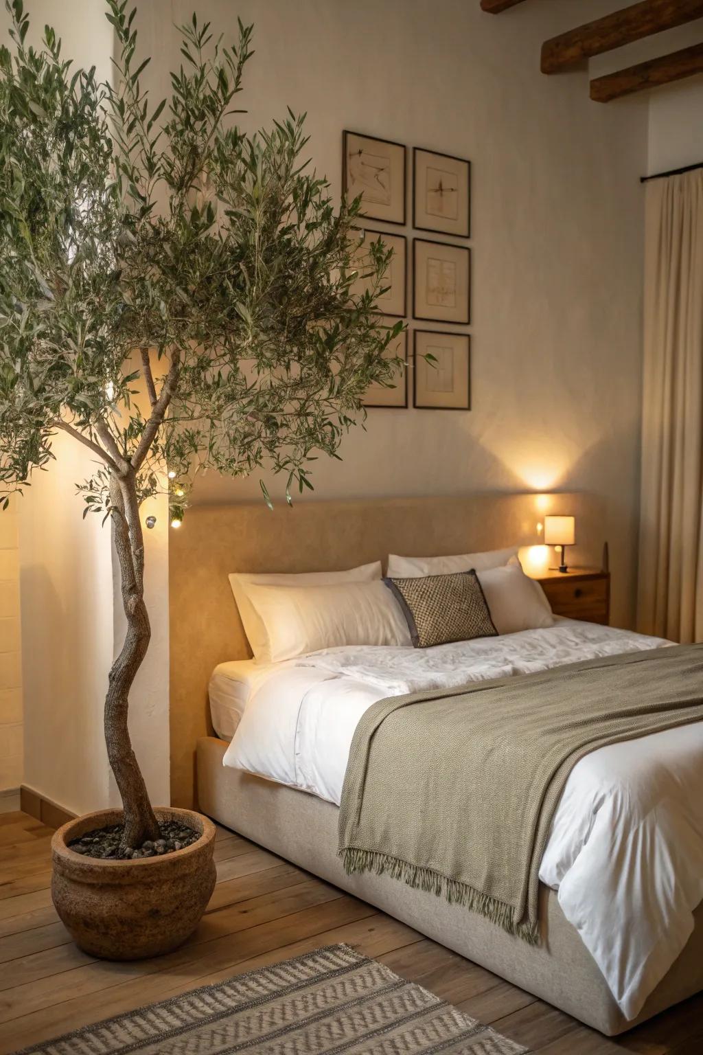 Enrich your bedroom with a soothing faux olive tree.