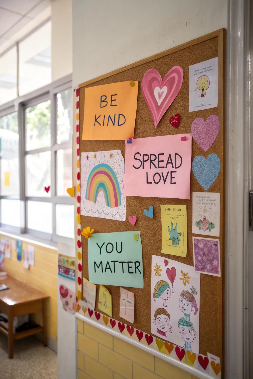 A bulletin board advocating kindness and upbeat messages.