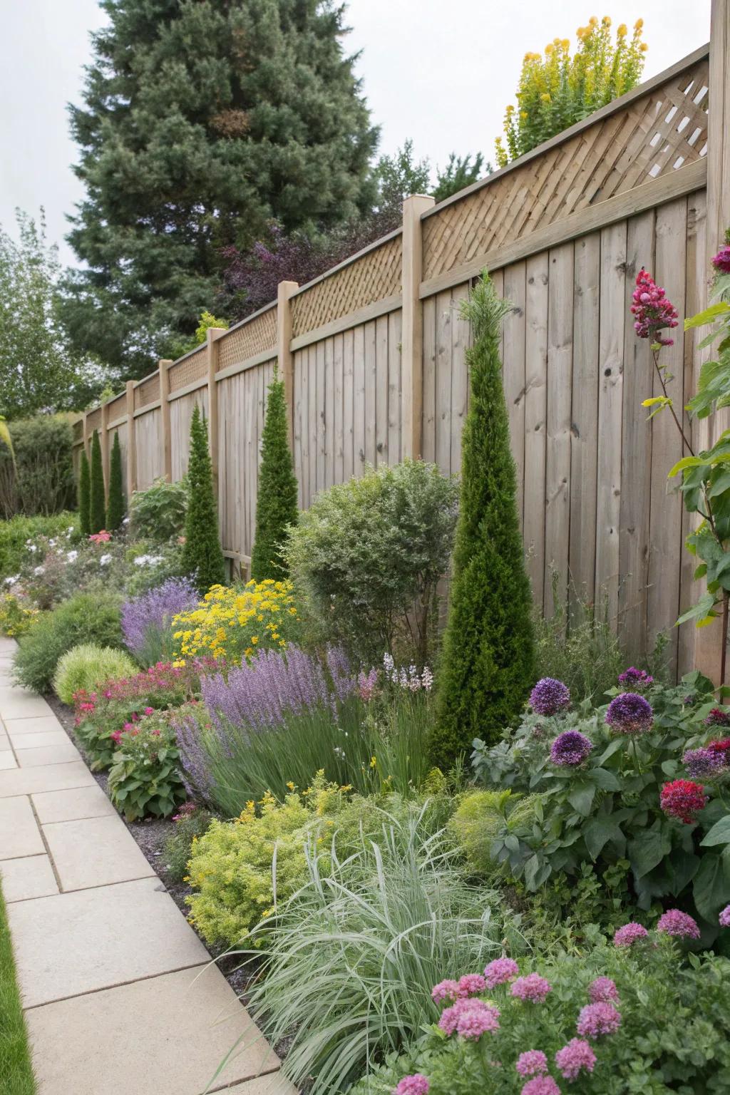 Tiered plantings fashion depth and dimension along your fence.