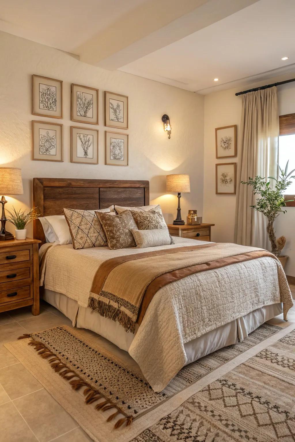 Soothing earth tints fashion a serene sleeping atmosphere.