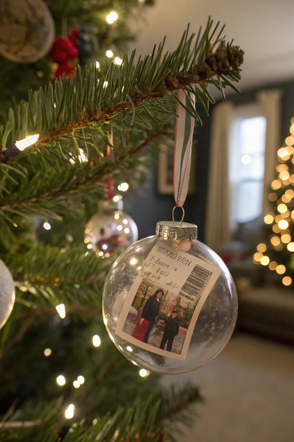 Ornaments brimming with tiny keepsakes like snapshots and tickets.