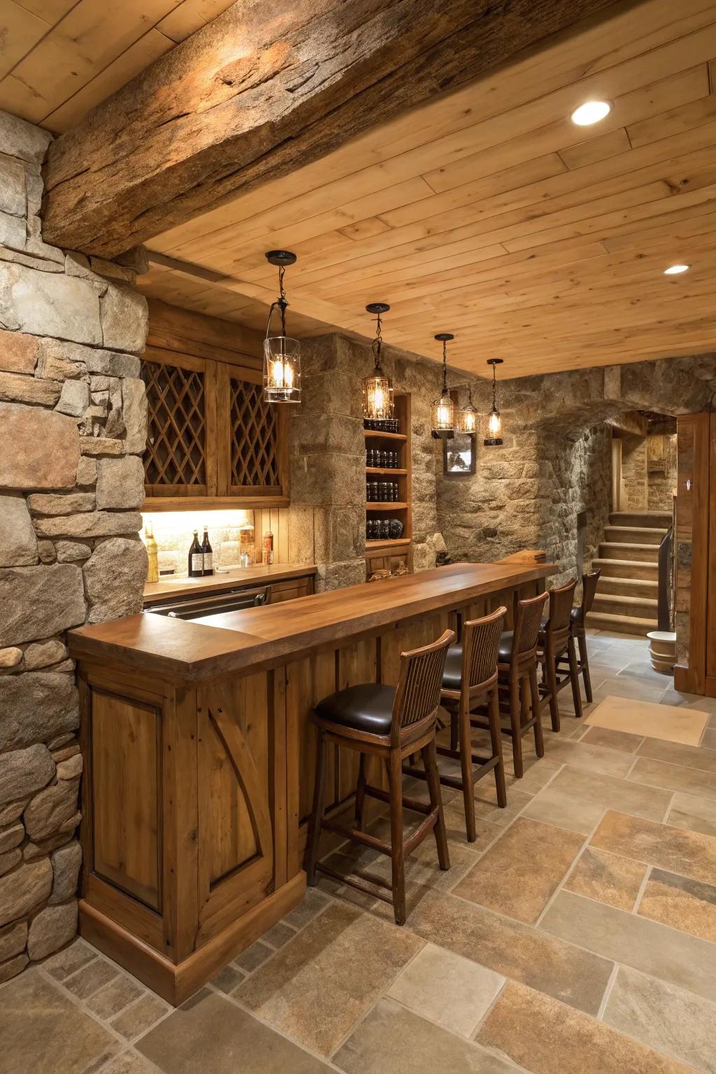 Bring the outside inside with a country hideaway-style basement bar.