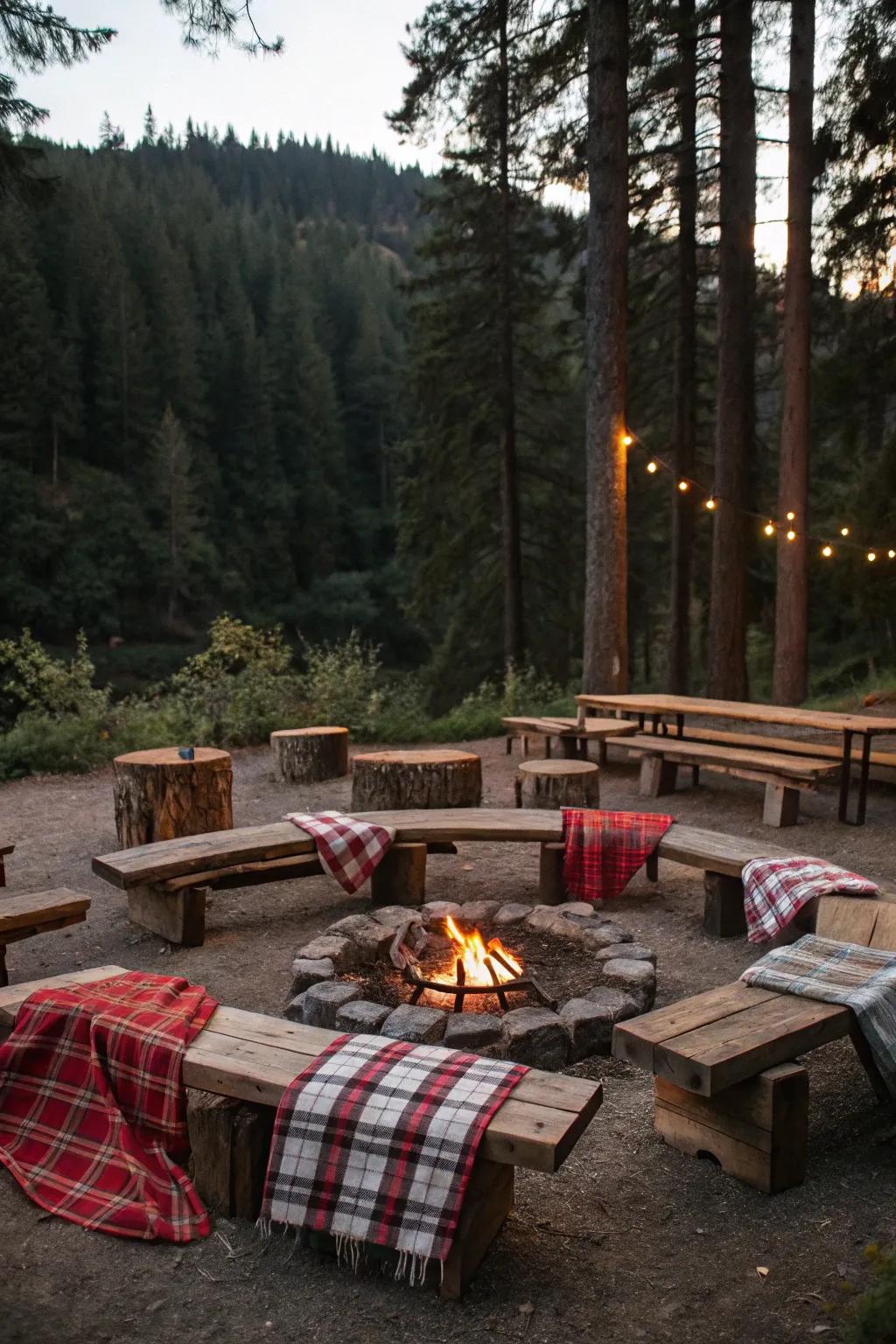 Country-style wood seats contribute a nostalgic element to your fire pit space.