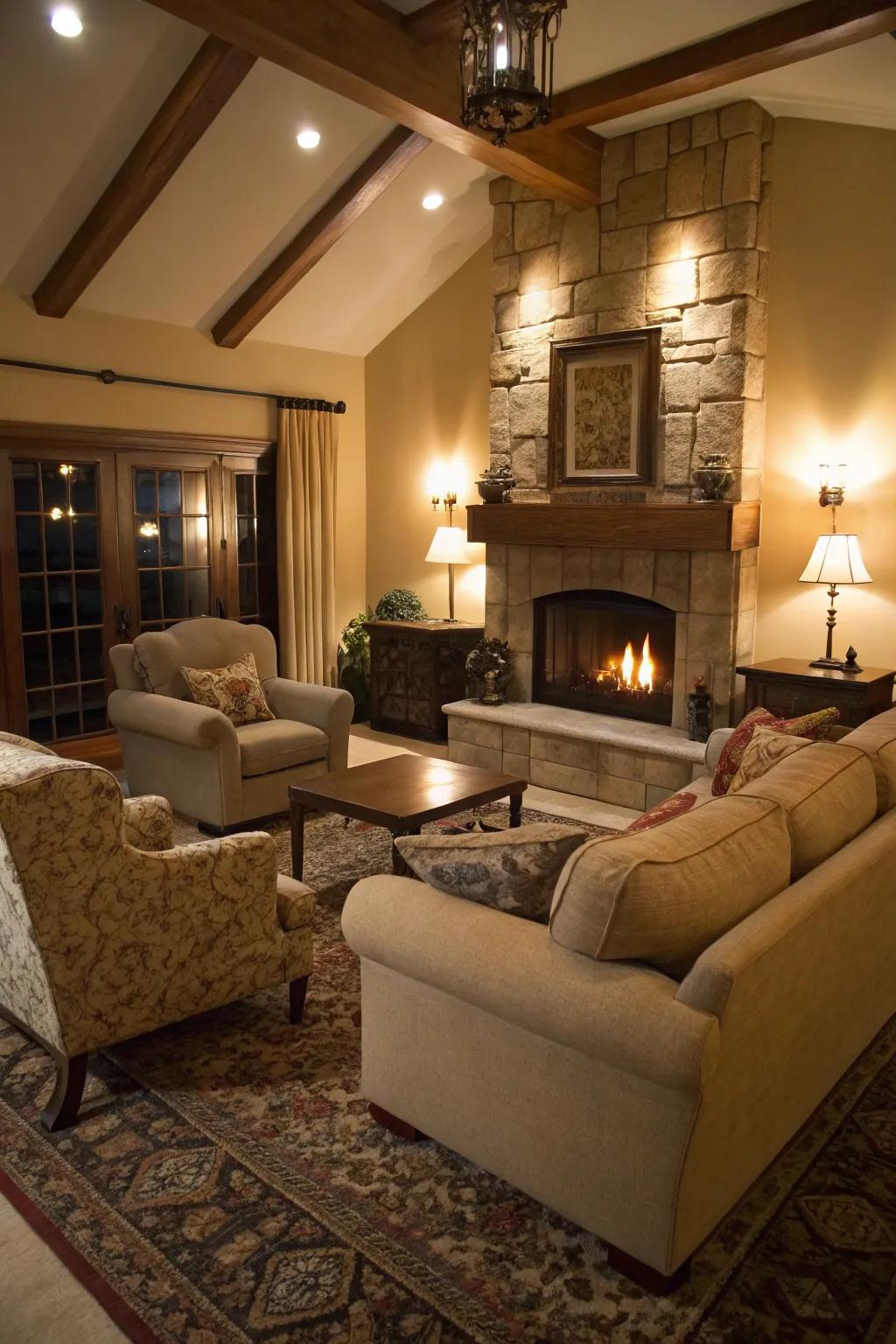 A comfortable living space arrangement with sofas and loungers oriented towards the fireplace, encouraging relaxation.