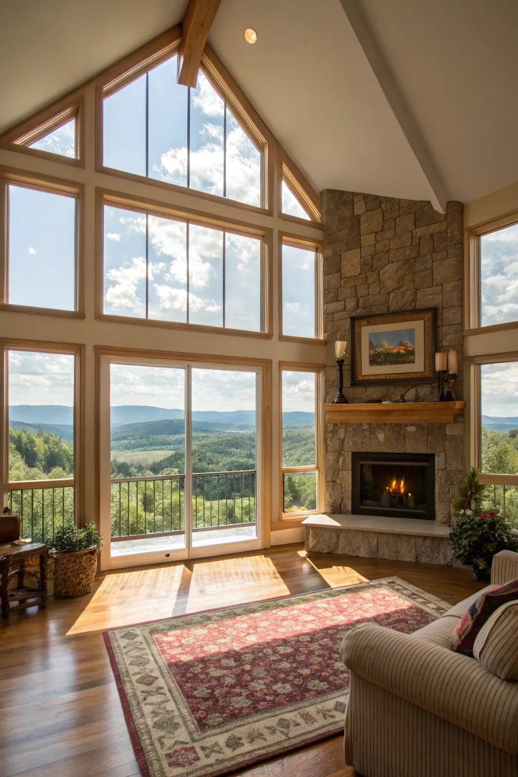 Sunshine pours into this space, emphasizing the central fireplace exquisitely.