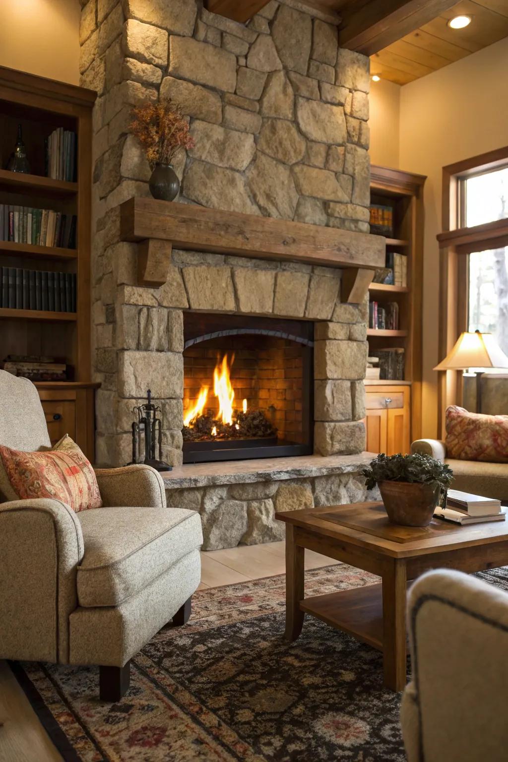 Natural stone gives the fireplace an organic and enduring charm.