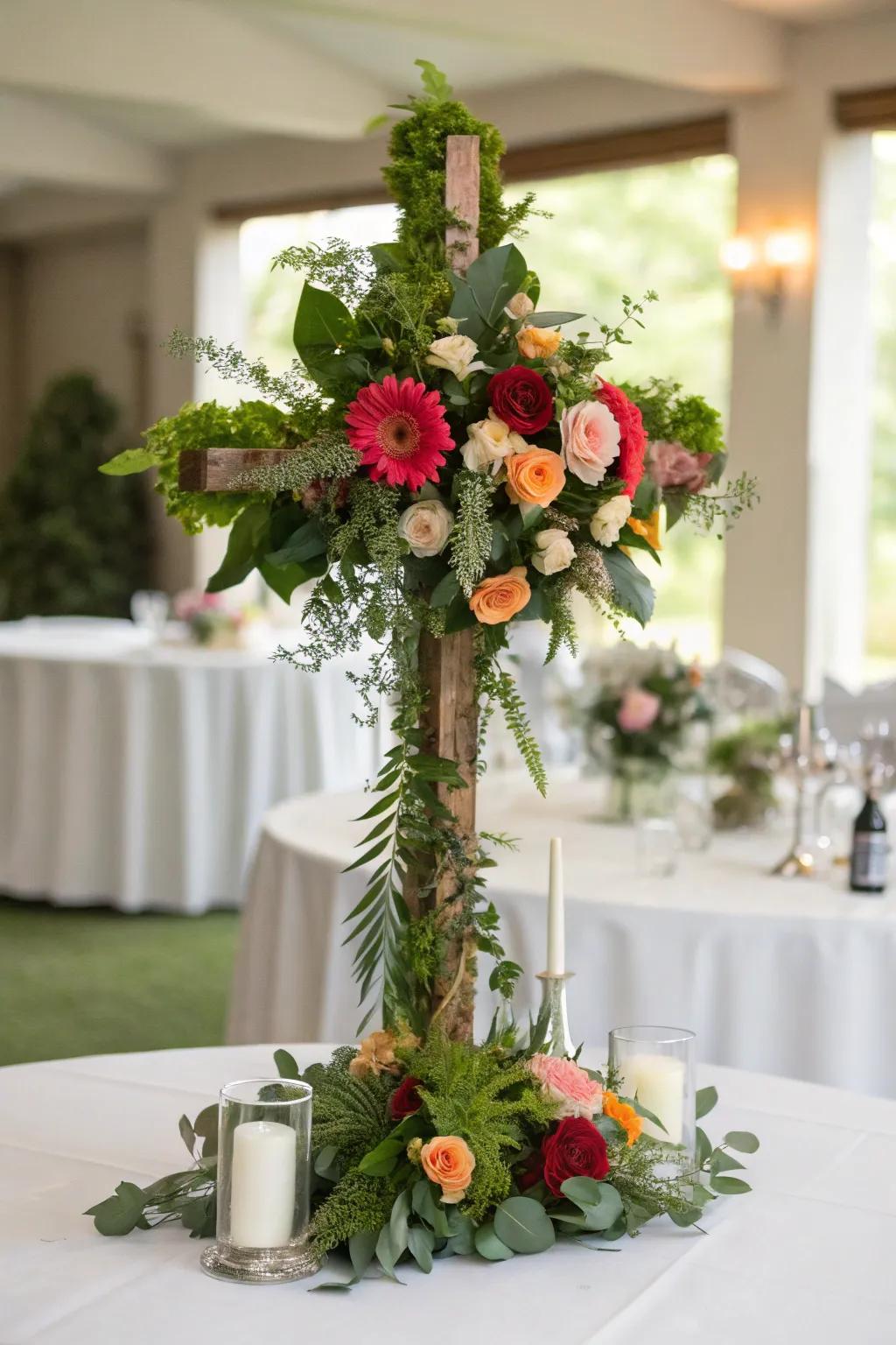 A floral cross centerpiece adds an elegant and meaningful touch to the table.