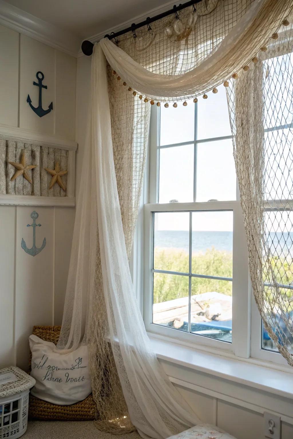 Fishing nets create one-of-a-kind sheers with a seafaring influence.