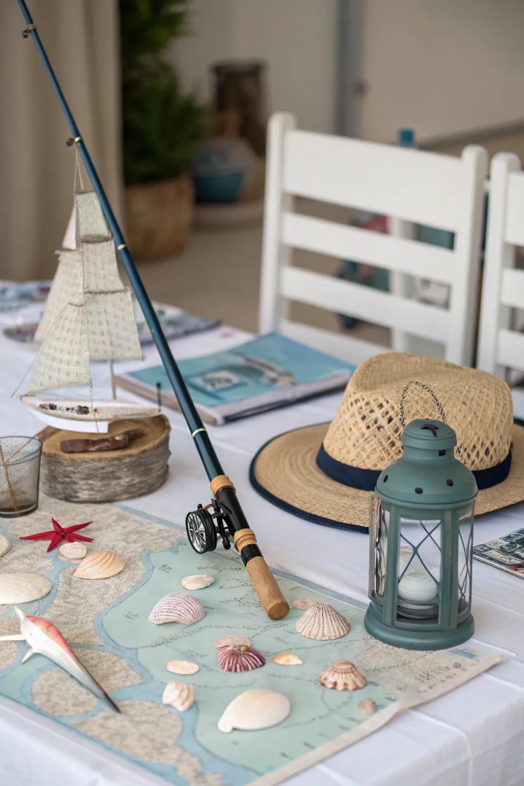 An angling pole centerpiece transports a slice of the sea to your dining atmosphere.