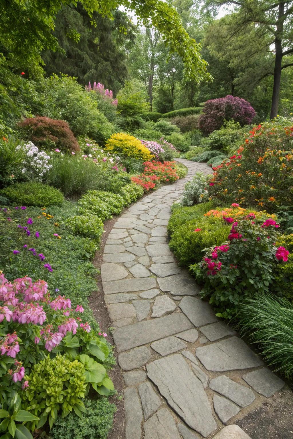 A paving stone passage harmoniously incorporated into a vibrant garden environment.