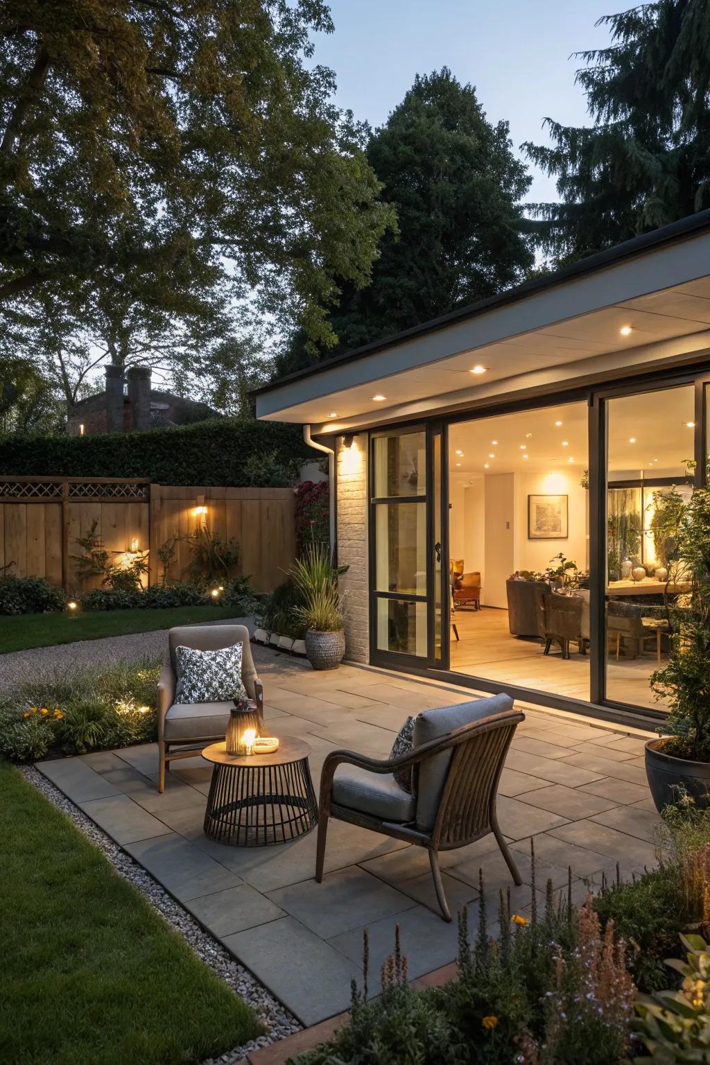 An outdoor social space on a flat roof garage is superb for accommodating visitors.