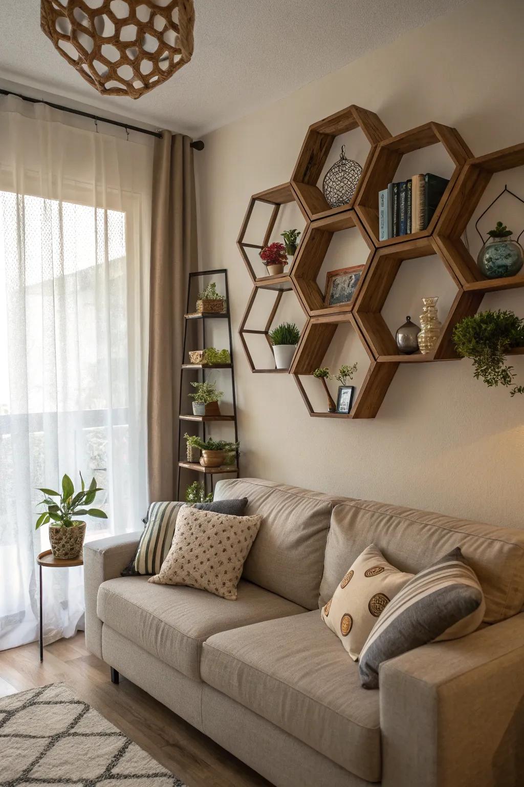 Geometric shelves lend a modern touch to your living room.