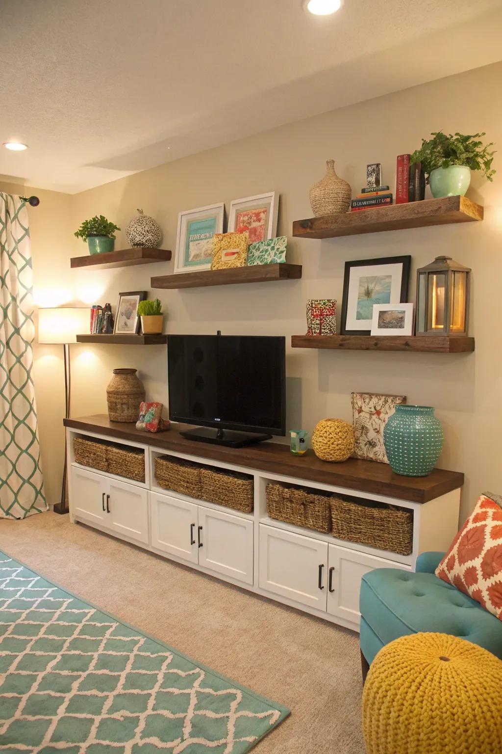 Achieve a cohesive look with shelves that match your color scheme.
