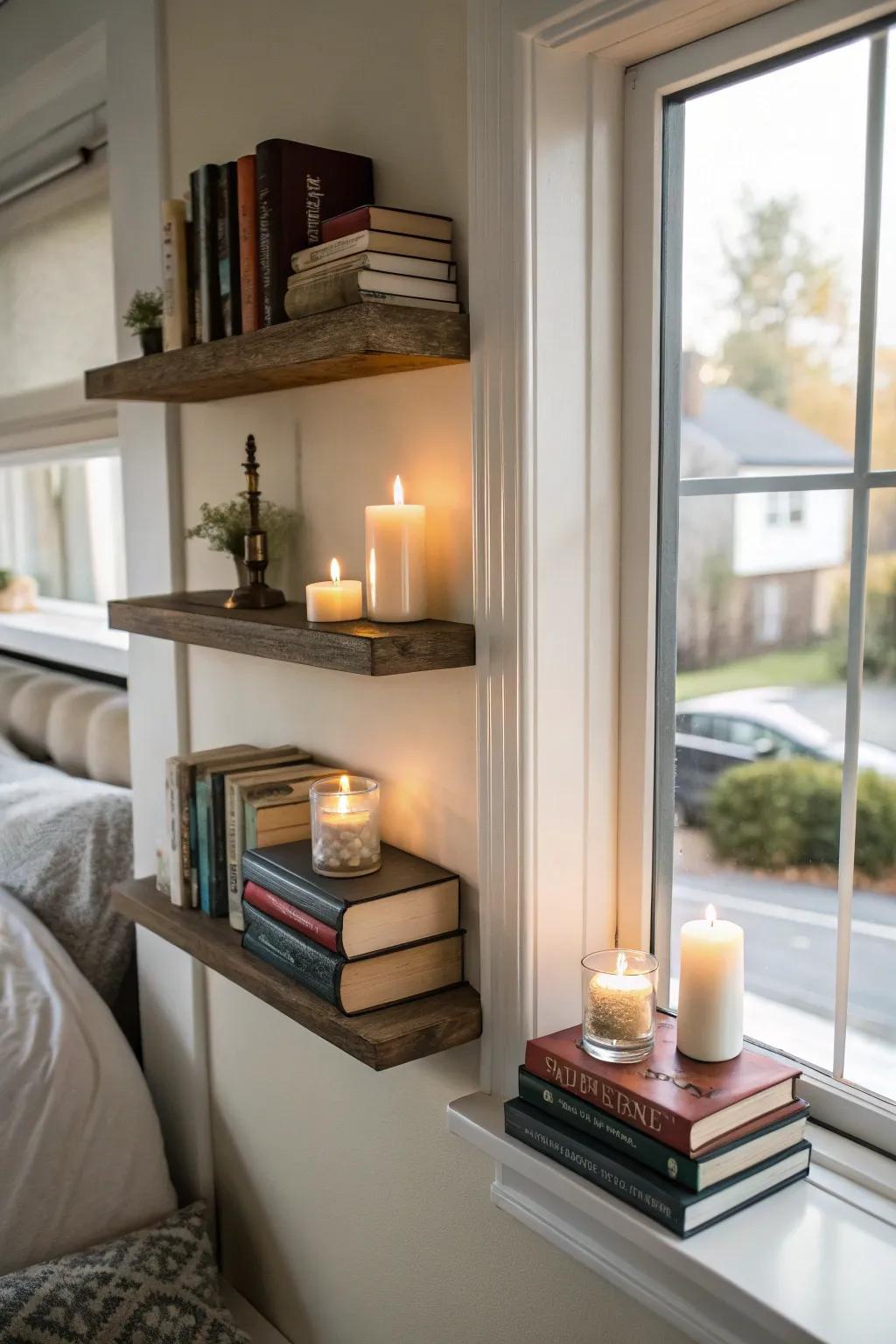 Floating shelves transform a bedroom corner into a reading haven.