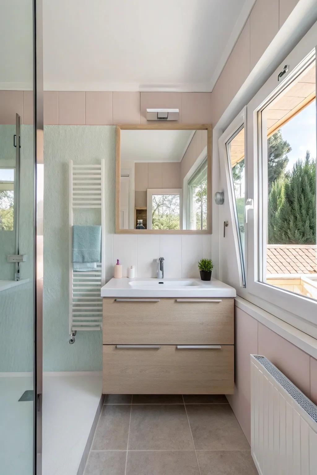 A small bathroom in pale colors with a space-maximizing floating vanity.