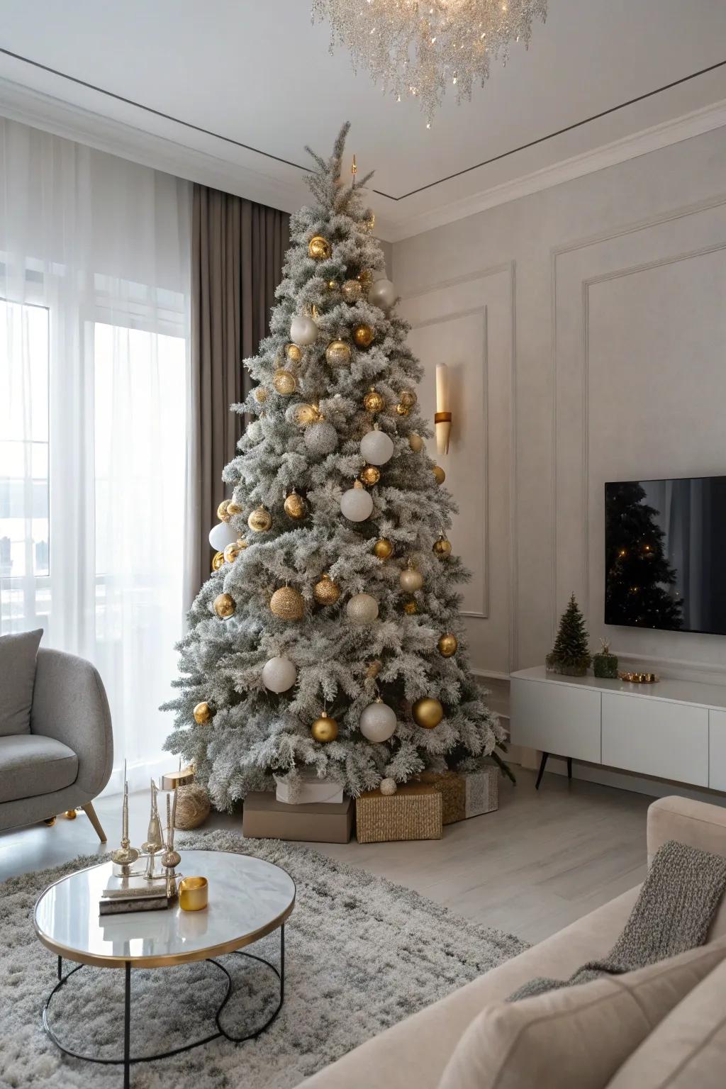 A glamorous flocked Christmas tree highlighted with metallic accents.