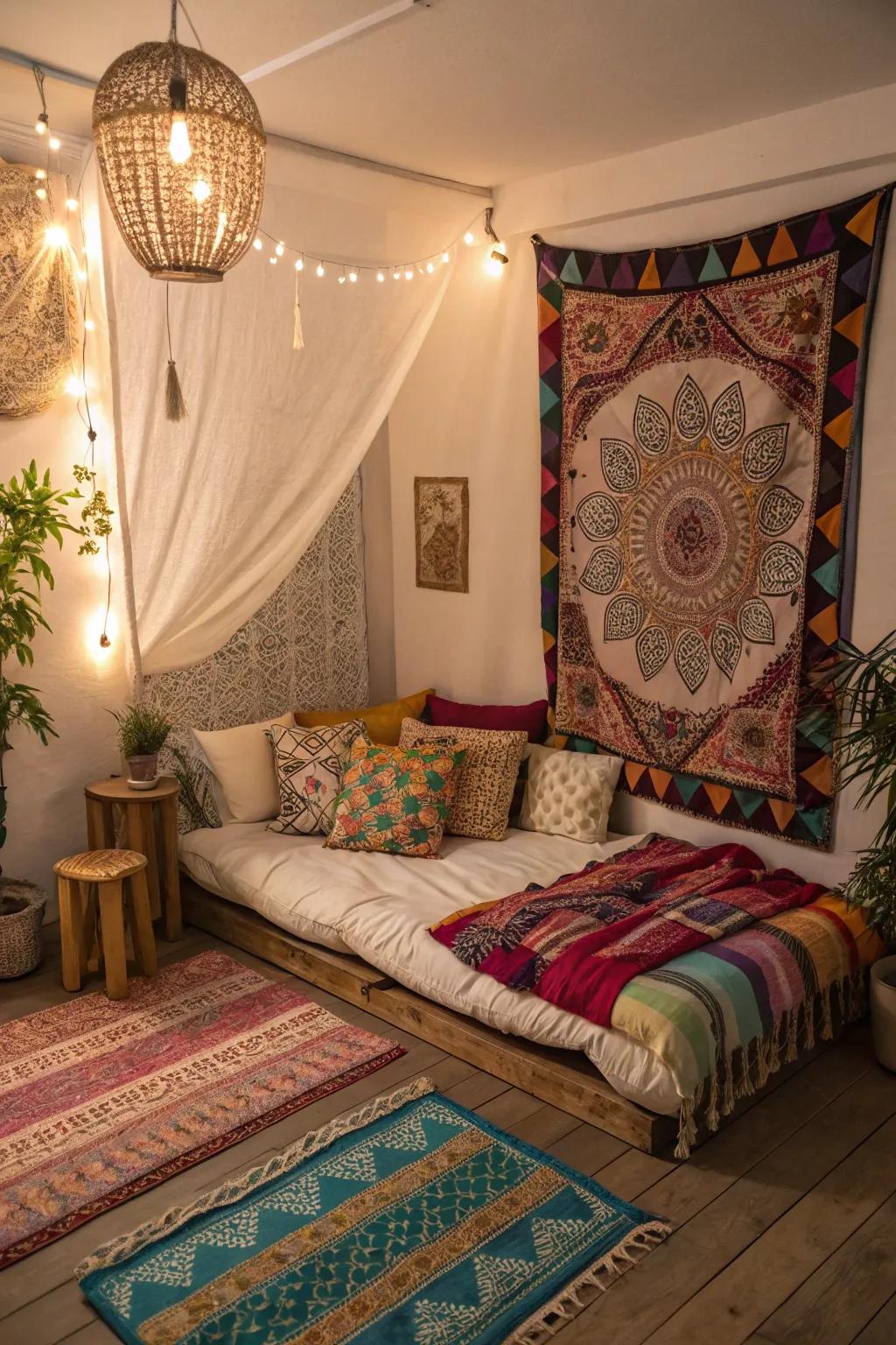 A bohemian aesthetic introduces color and unique character into a compact bedroom.