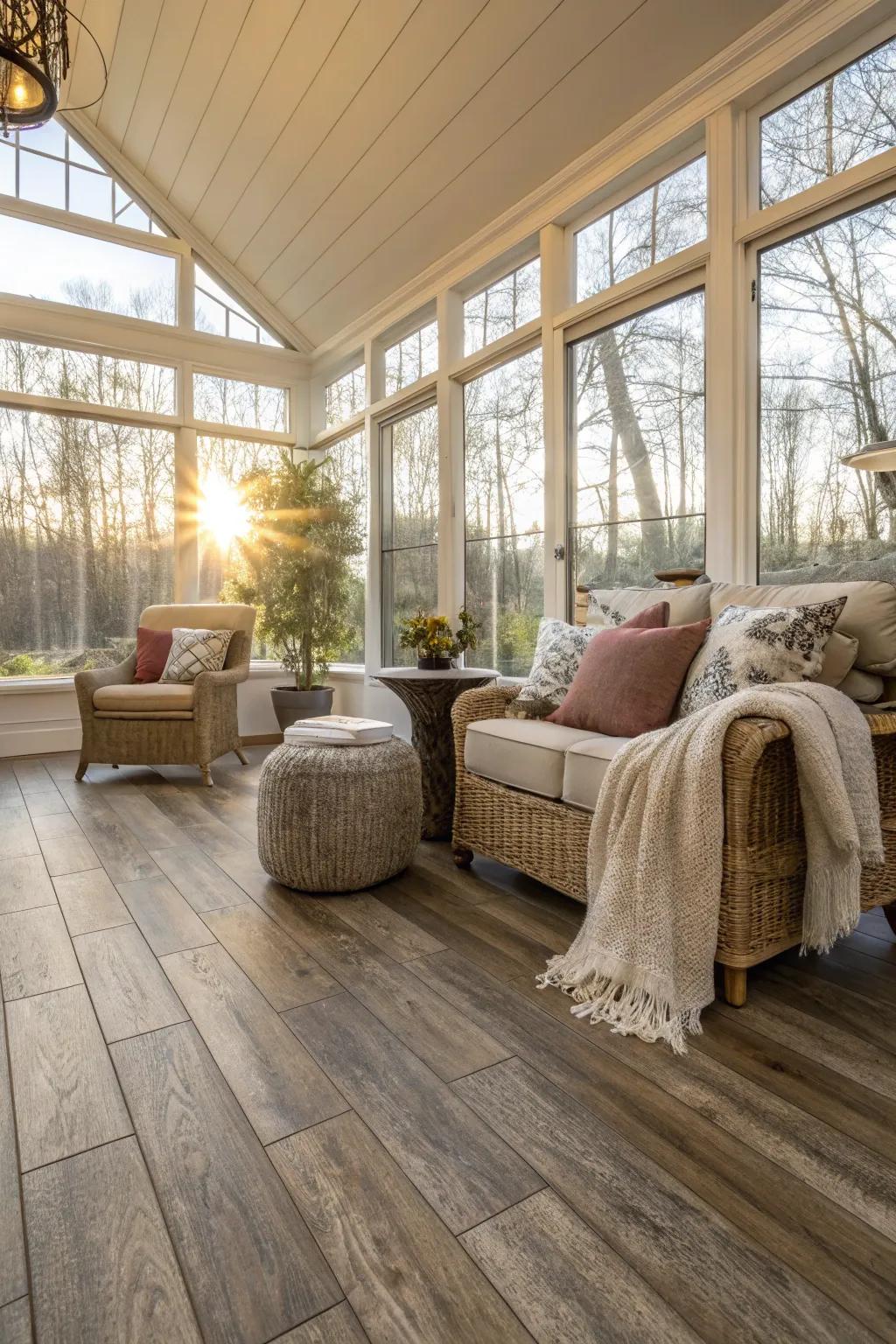 Sunroom exhibiting adaptable premium vinyl plank flooring.