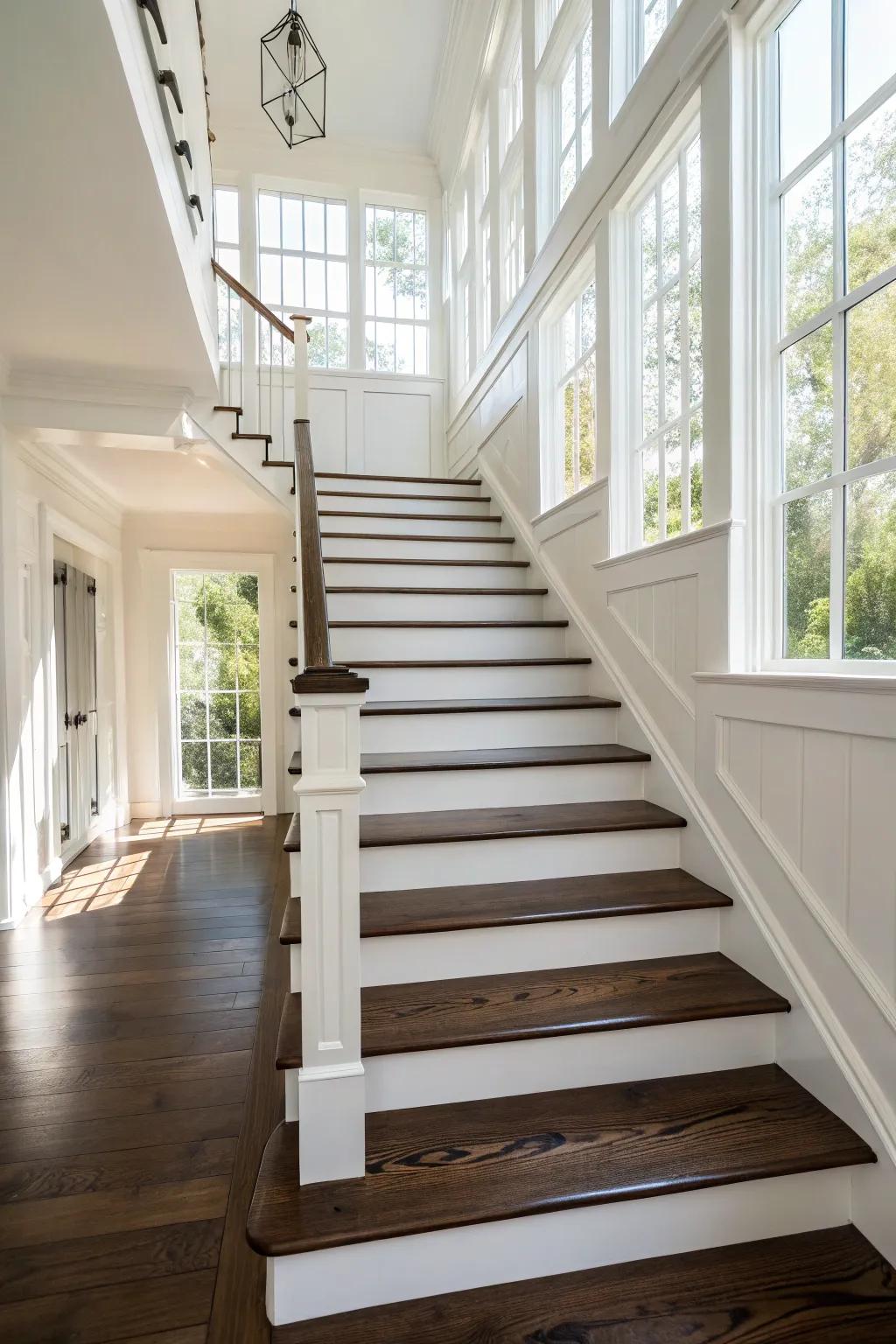Dark timber steps set against pale uprights create a striking visual comparison.