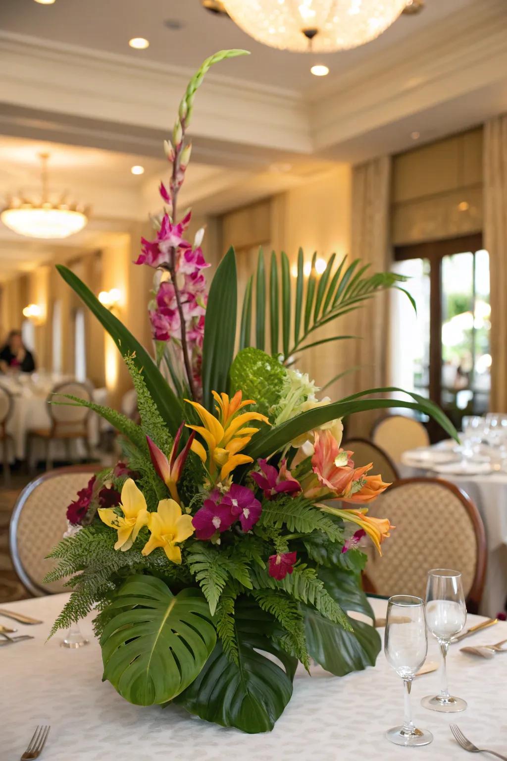 Tropical floral centerpiece featuring orchids and greenery, forming a mini paradise right on your table.