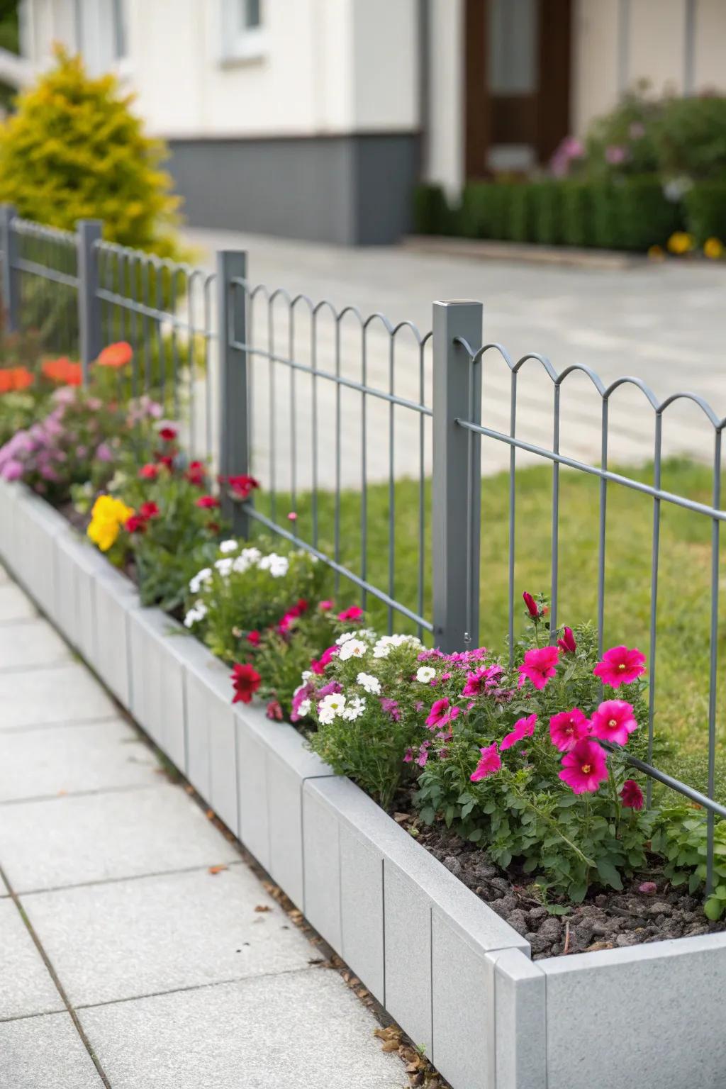 Sleek metal edging lends a modern touch to flower beds.