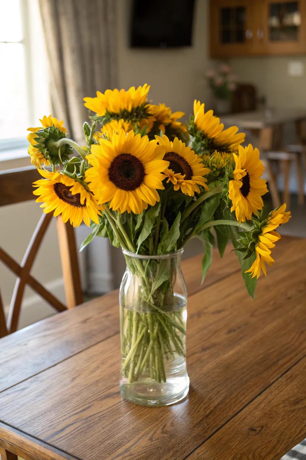 An eye-catching arrangement of sunflowers creating a bold focal point on a dining table.