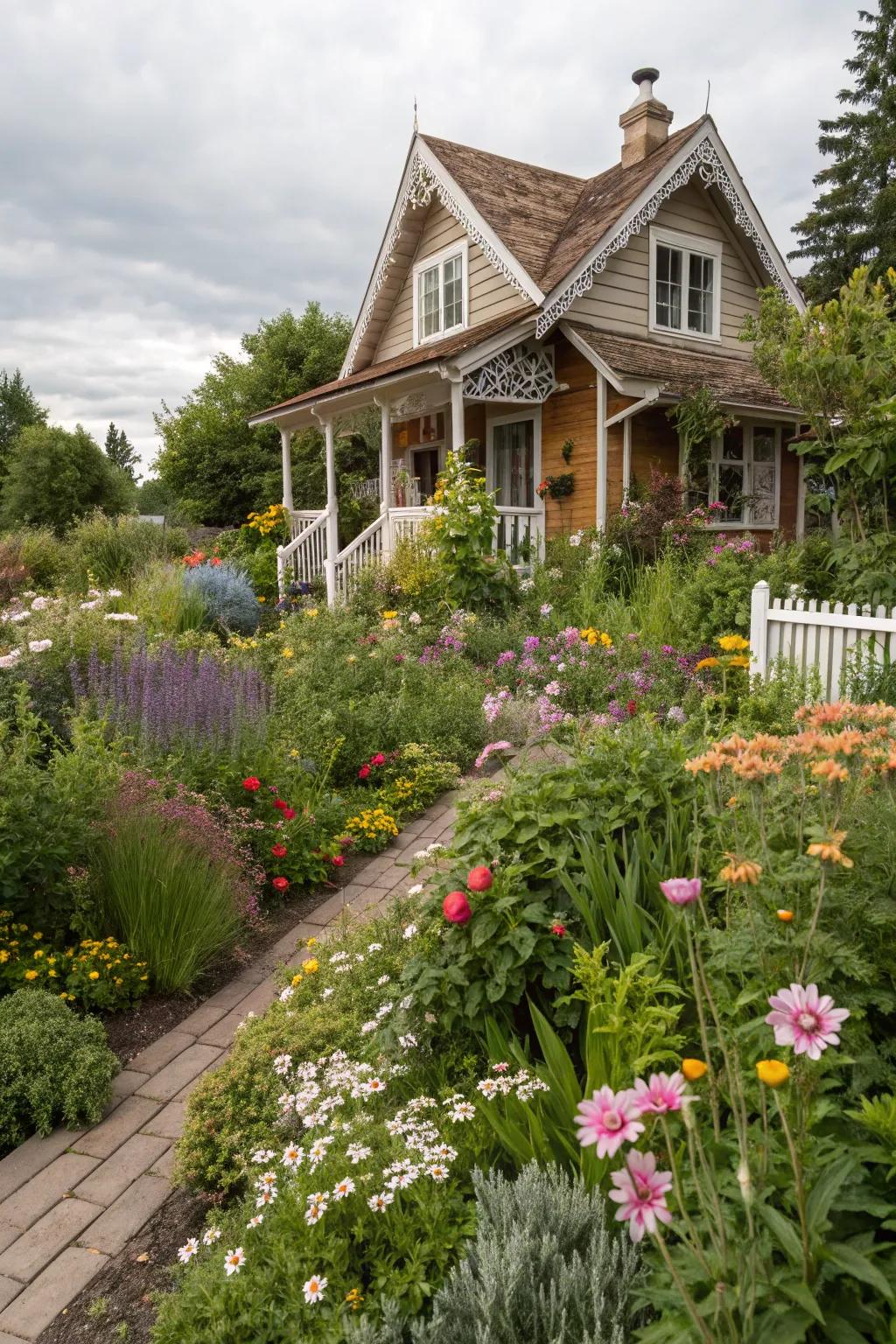 A fanciful cottage garden brimming with diverse flowers and lush greenery.