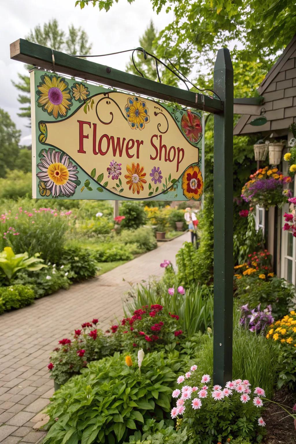 A sign reflecting the floral wonders within