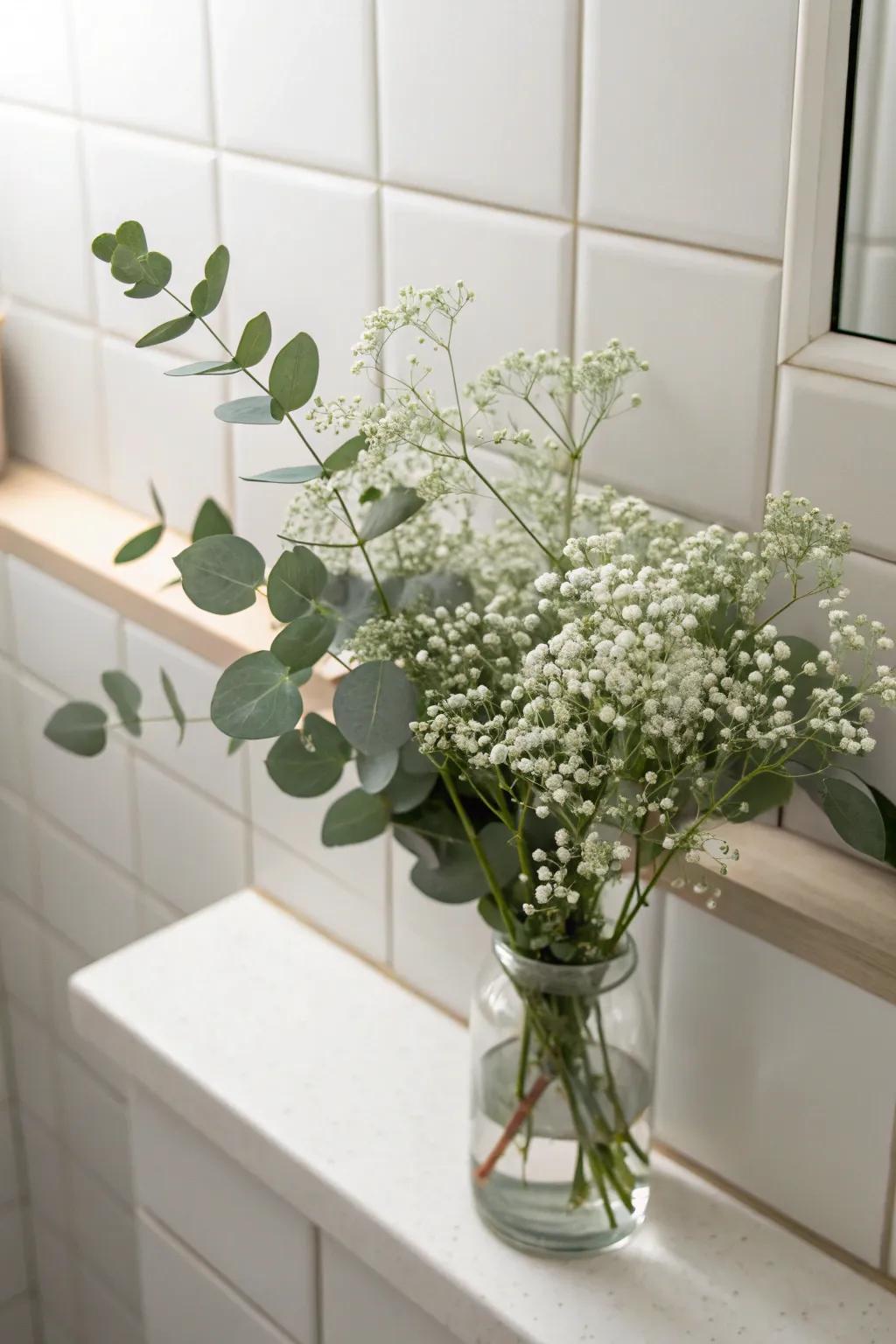 Exquisite cloudlets breath and eucalyptus adorning a lavatory rack.