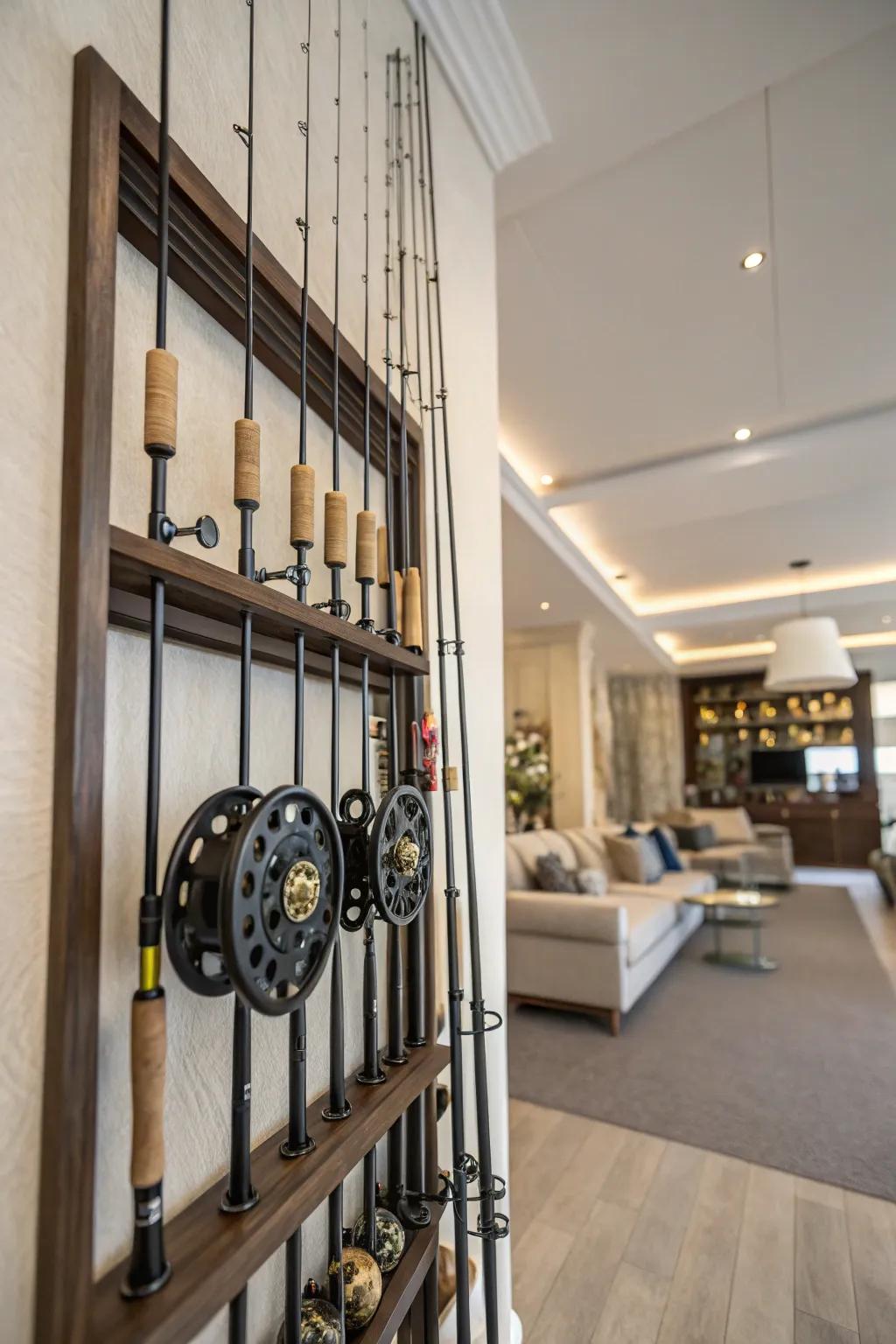 Wall-mounted racks keep gear off the floor and easy to get to.