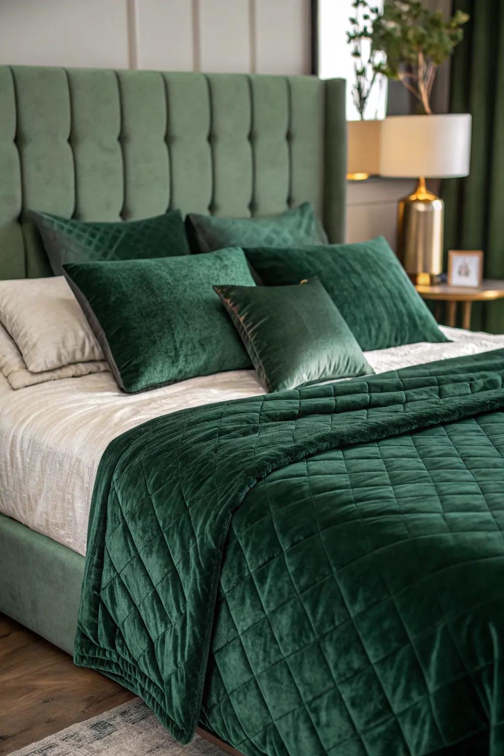 Plush bedding gives a luxurious touch to any woodland green-themed space.
