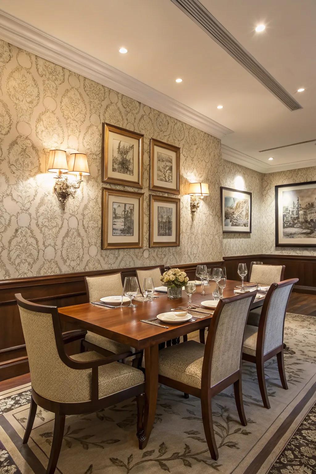 Adorned walls contribute personality and dimension to your dining space.
