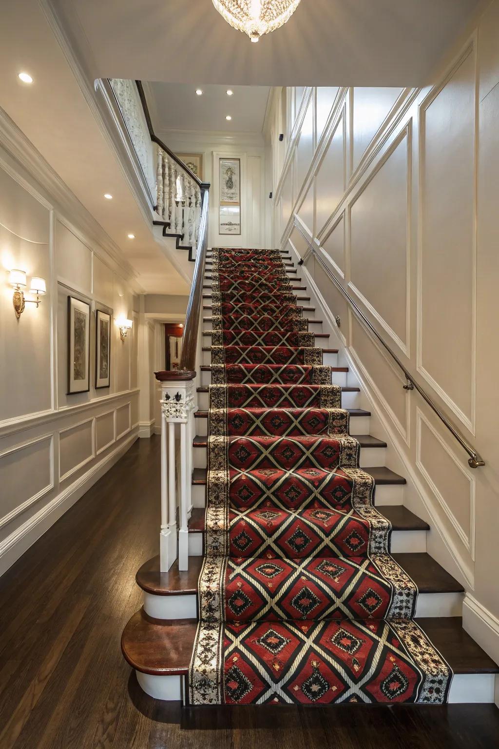 A stunning stair runner infuses the foyer with color and texture.