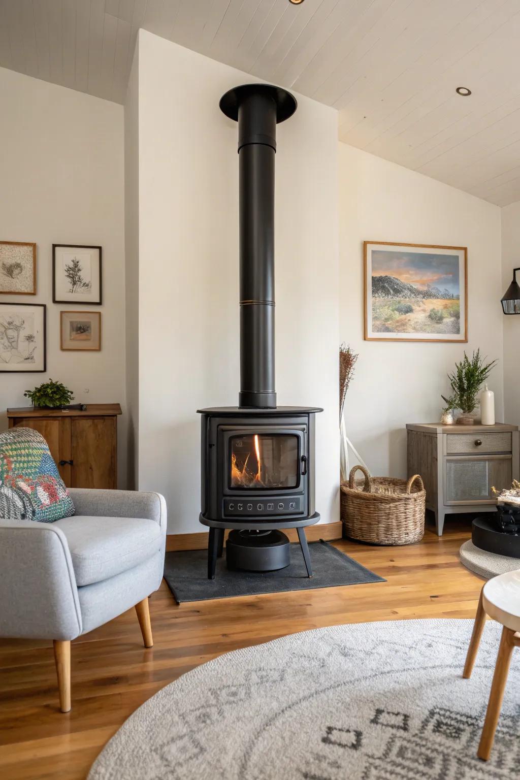 This modern firewood heater is defined by its sleek lines and minimalist setting.