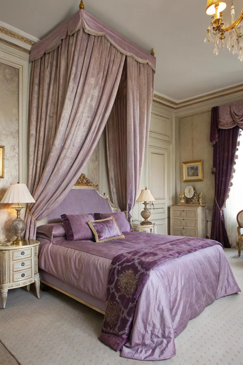 Opulent fabrics enrich this French bedroom.