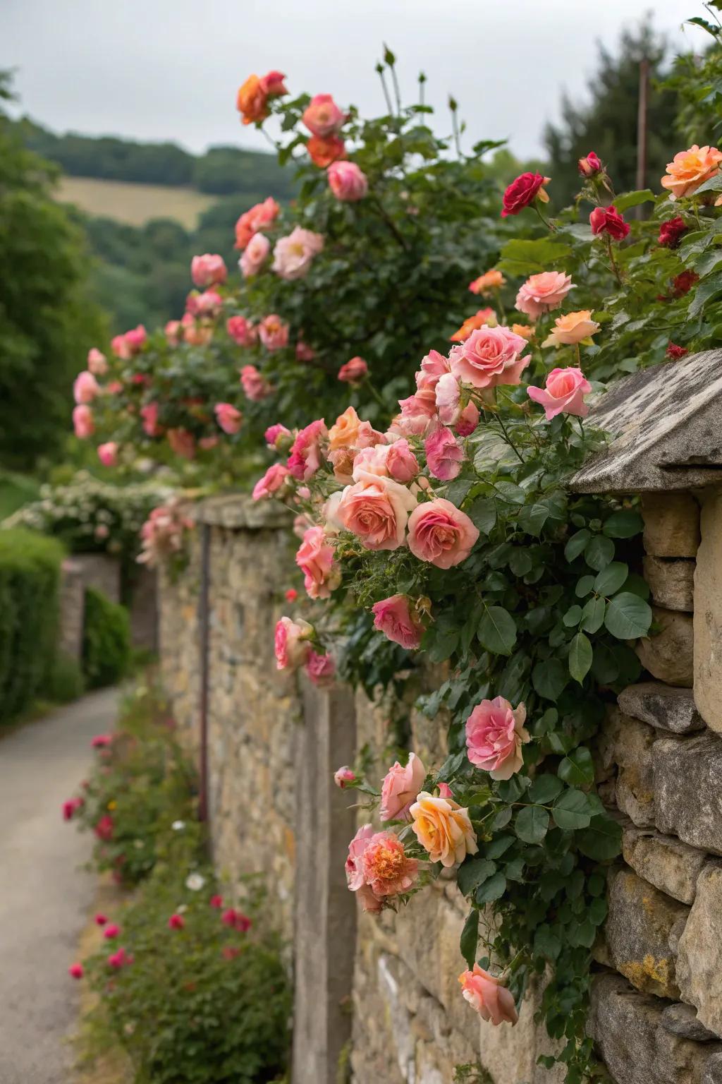 Rosa in full bloom, adding a romantic touch to a garden facade.