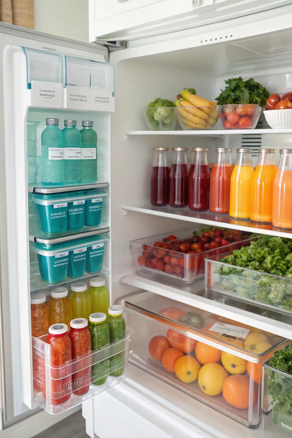 A visually attractive refrigerator featuring color-coordinated items.