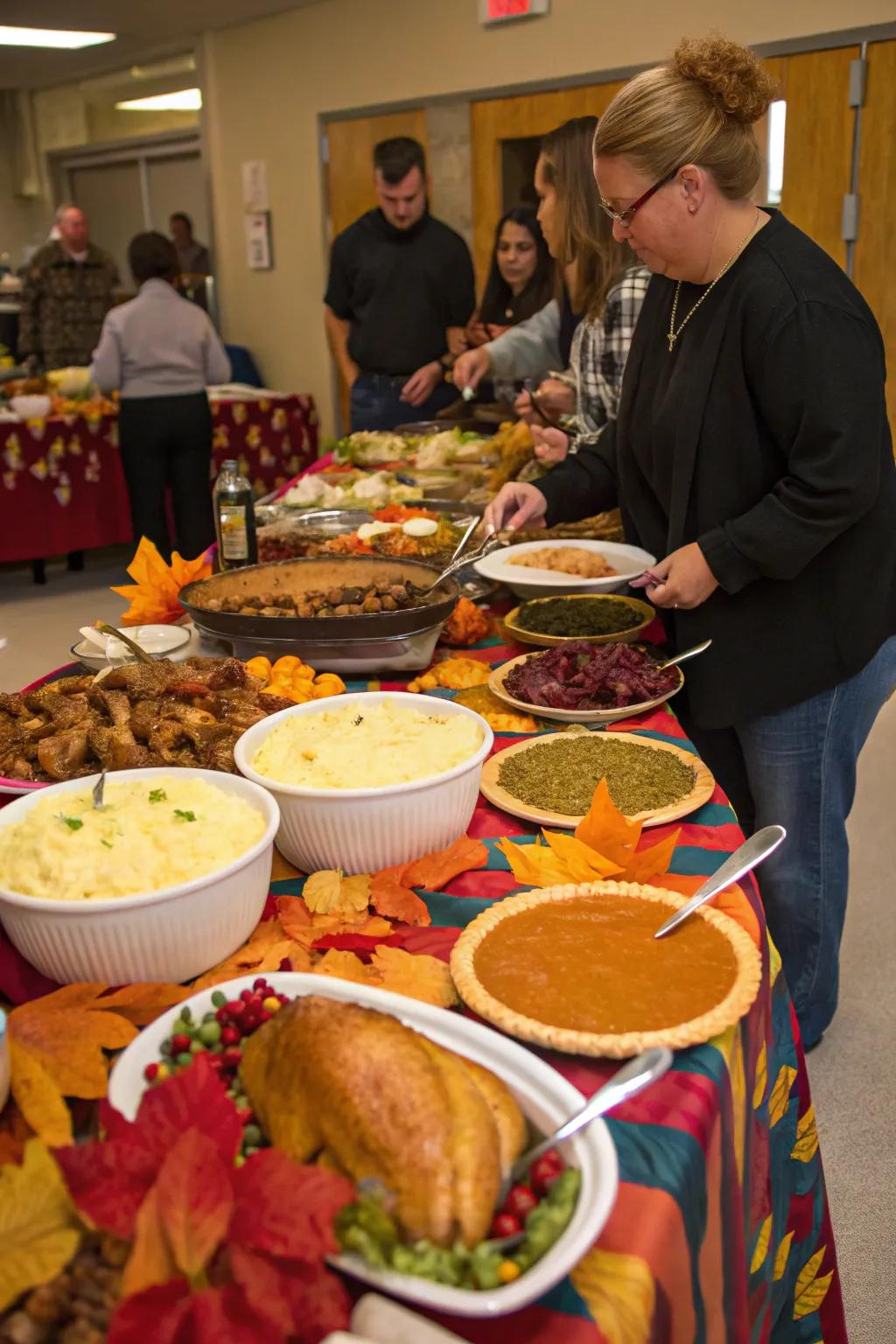A laid-back buffet arrangement for a relaxed Friendsgiving experience.