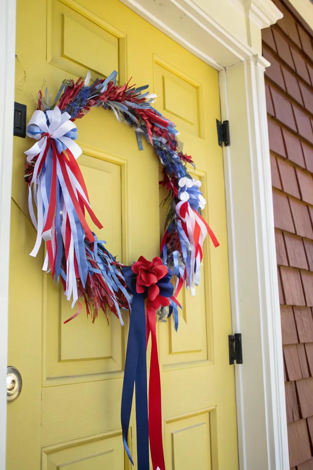 A cheerful wreath brimming with vivid ribbons.