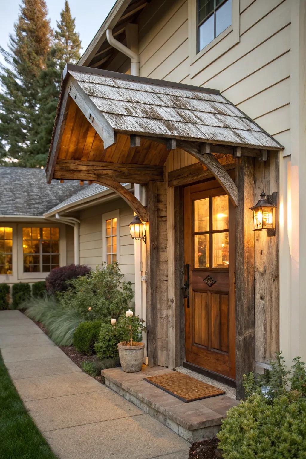 Reclaimed wood awnings radiate countryside allure.