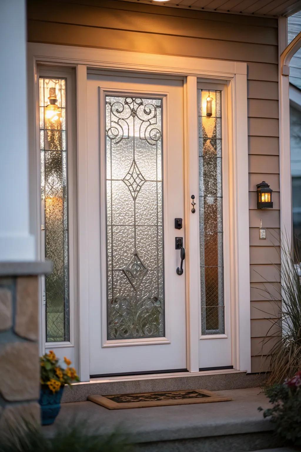A front door showcasing textured glass for privacy and flair.