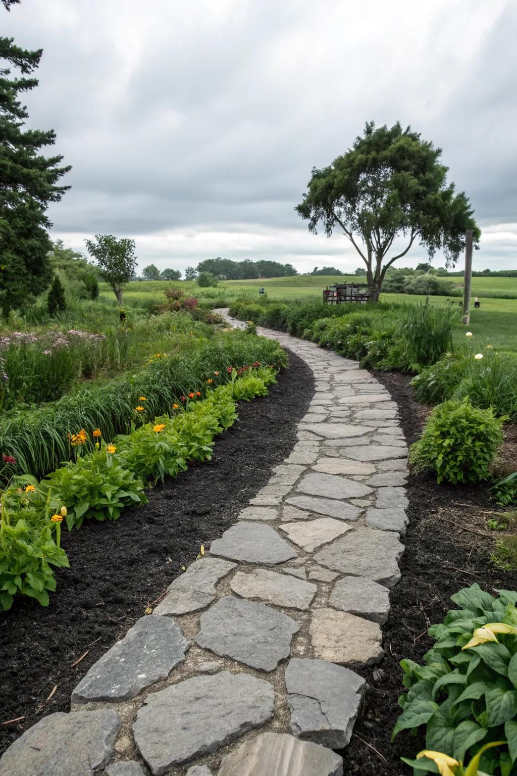 Stone walkways present a delightful contrast to dark ground cover.
