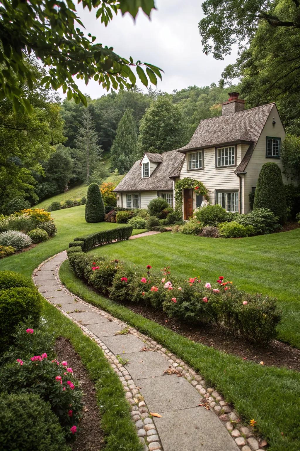 A perfectly landscaped front garden enhances the house's visual charm